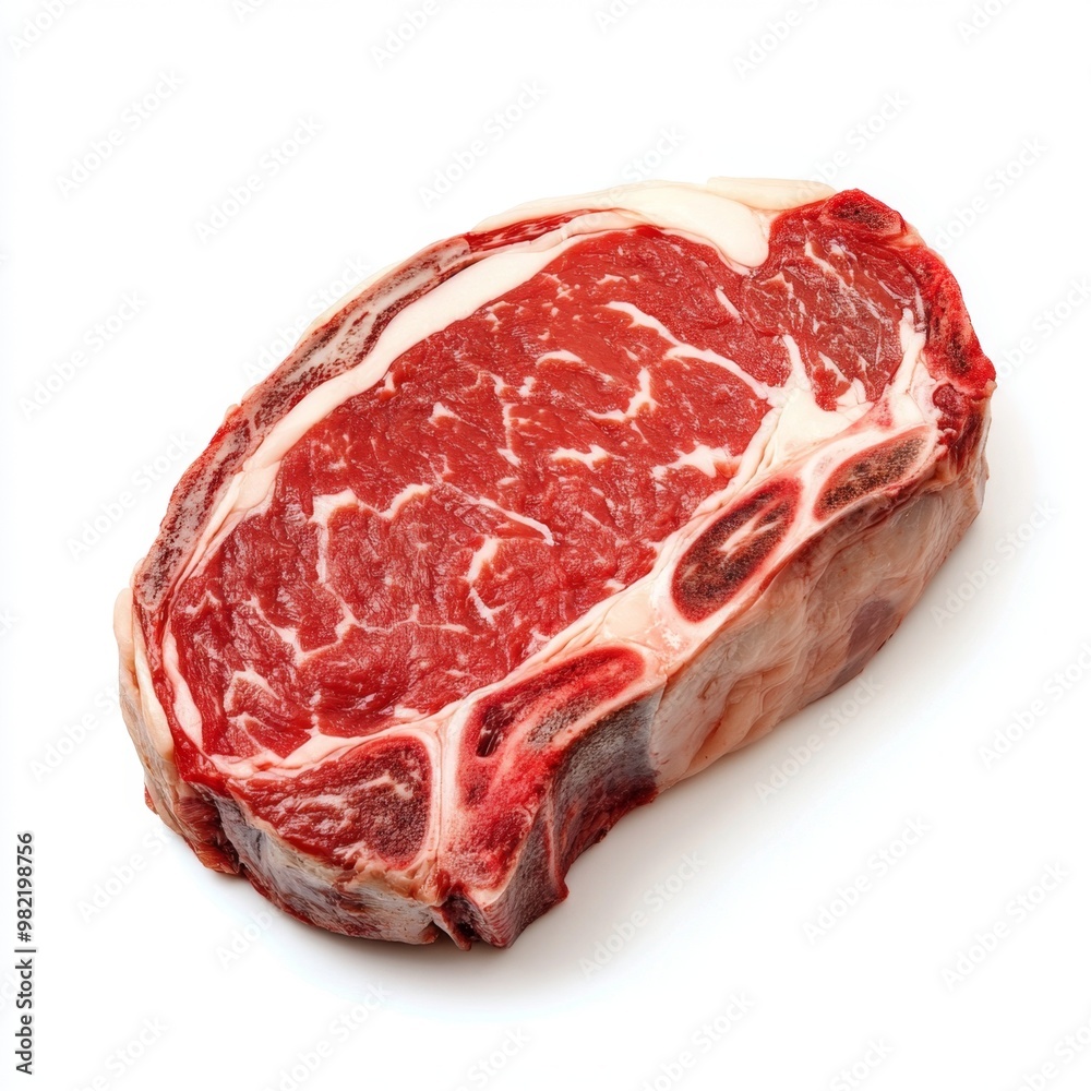 Succulent Marbled Ribeye Steak Cross-Section with Intricate Fat Patterns on White Background