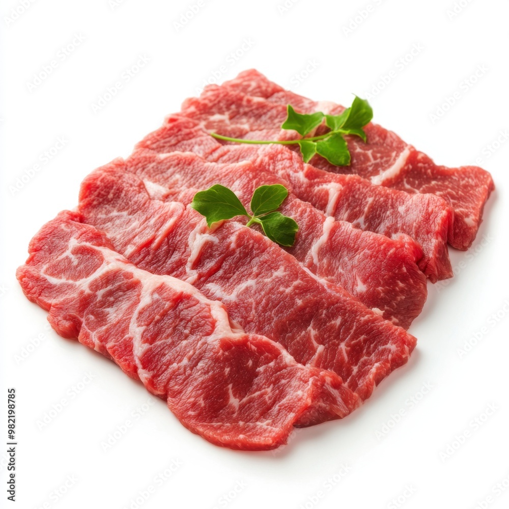 Tenderly Sliced Marbled Beef with Rich Fat Layers, Close-Up Detail on White Background Tenderly Sliced Marbled Beef with Rich Fat Layers, Close-Up Detail on White Background