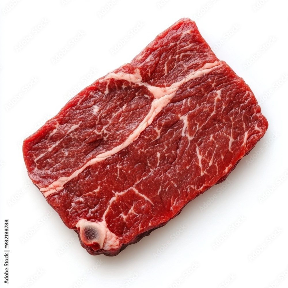 Obraz premium Succulent Marbled Beef Steak with Detailed Fat Lines, Close-Up Texture on White Background