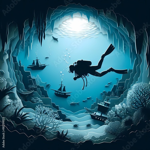 An image of a diver swimming through underwater caves or around shipwrecks, showcasing the adventurous side of diving in Thailand