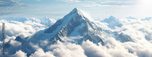 Panorama Illustration of majestic mountain peak with snow-capped slopes.