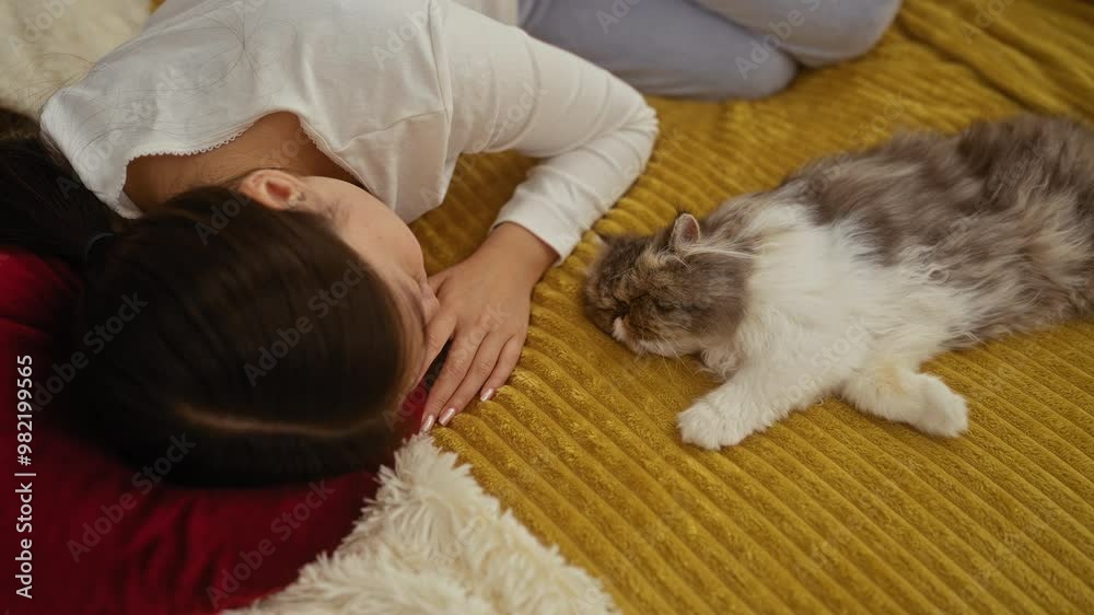 A young asian woman lies on a bed indoors with her cat, creating a cozy moment in the bedroom of her home. A young asian woman lies on a bed indoors with her cat, creating a cozy moment in the bedroom of her home.
