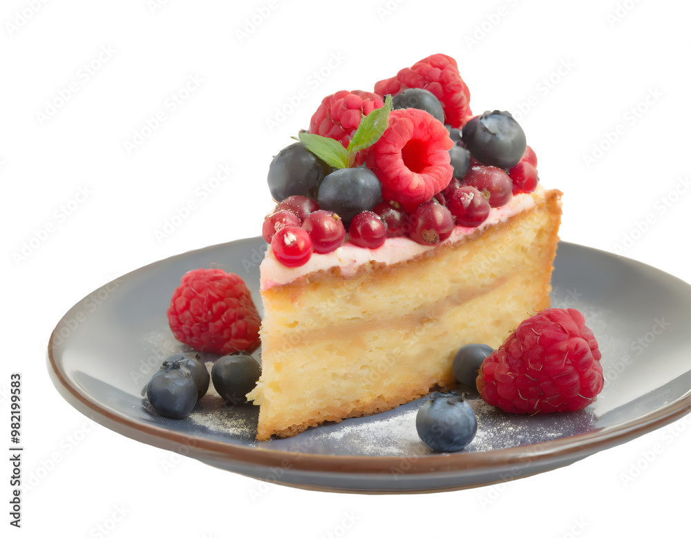 piece of cake with berries on plate isolated on white backgroun. Generative AI. piece of cake with berries on plate isolated on white backgroun. Generative AI.
