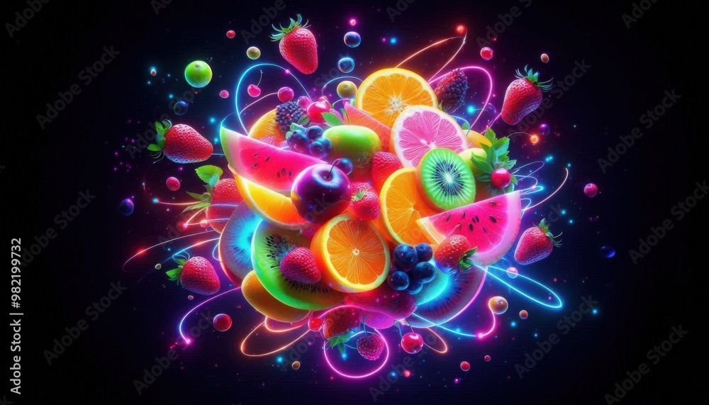 a set of fruits with glowing lights surrounded a set of fruits with glowing lights surrounded
