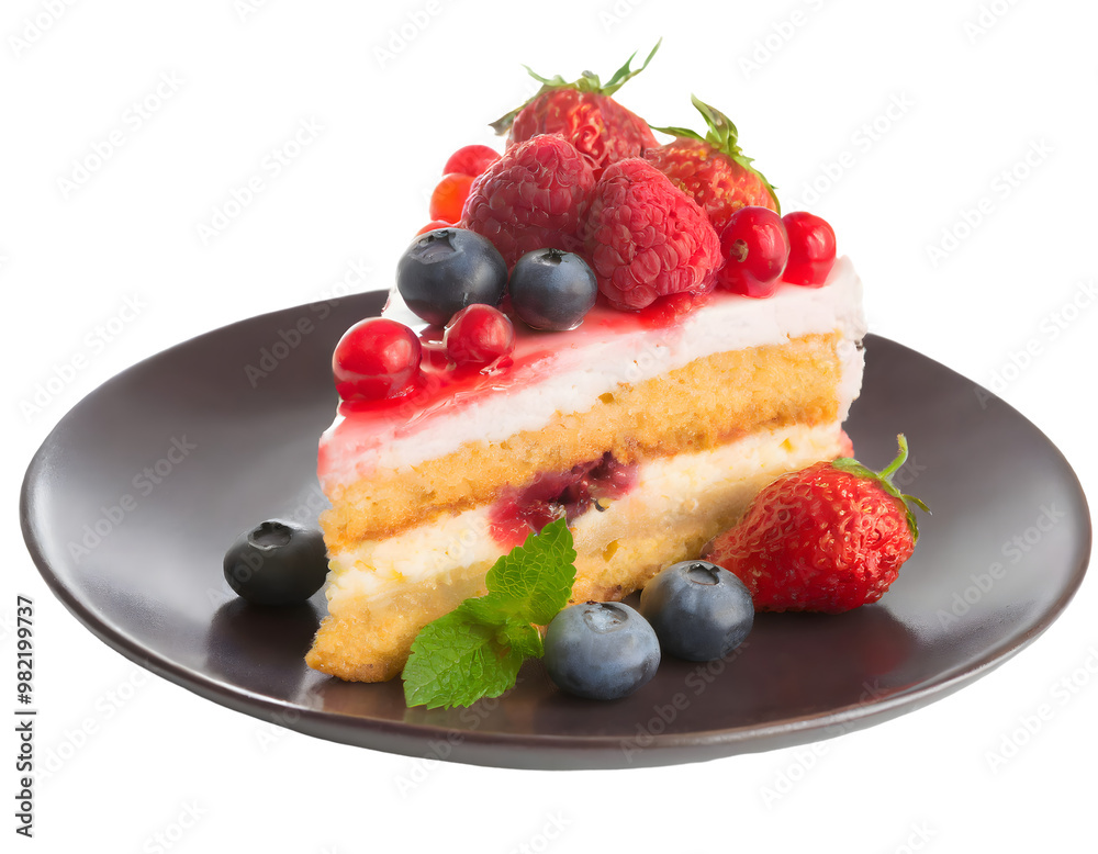piece of cake with berries on plate isolated on white backgroun. Generative AI. piece of cake with berries on plate isolated on white backgroun. Generative AI.