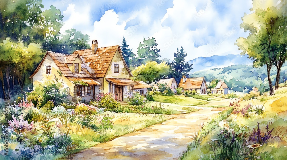 Watercolor painting of a quaint village with houses and a winding road. Watercolor painting of a quaint village with houses and a winding road.