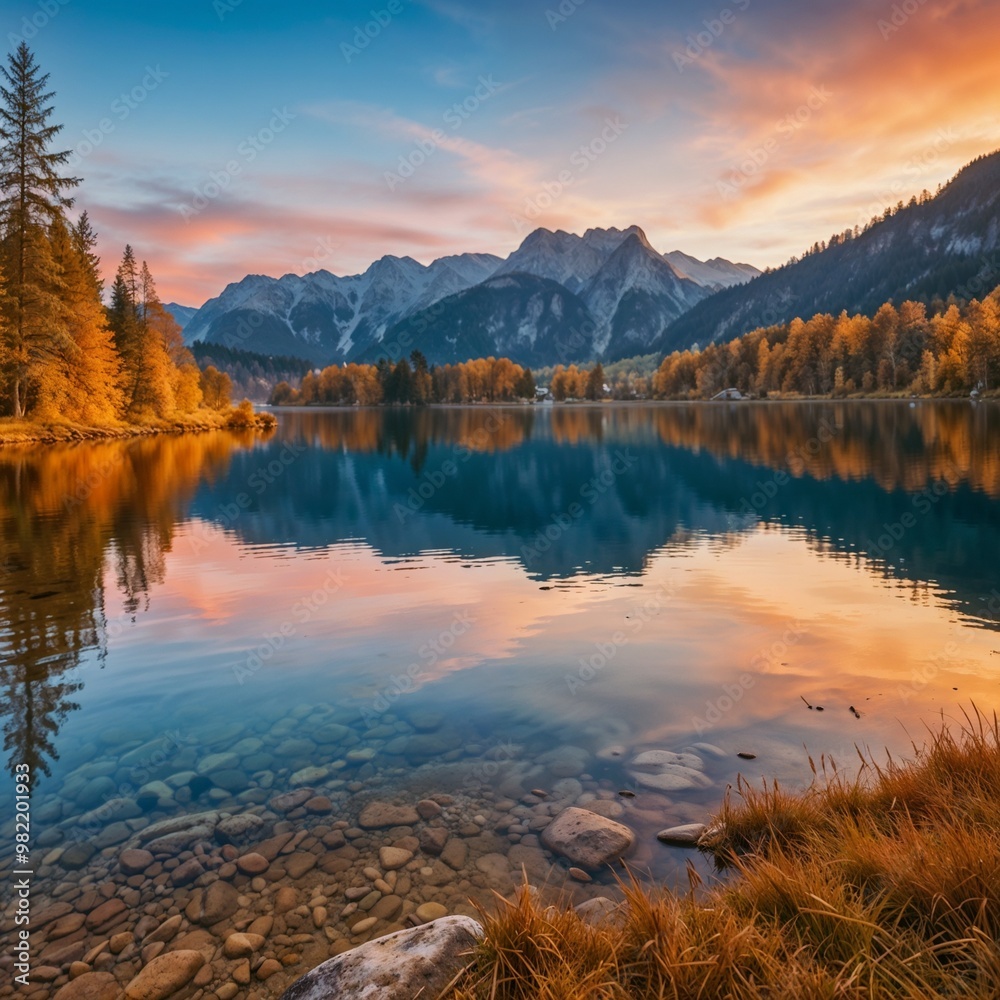 Fototapeta premium A breathtaking autumn landscape of a serene lake reflecting mountains during sunset, perfect for nature, travel, or outdoor adventure designs.