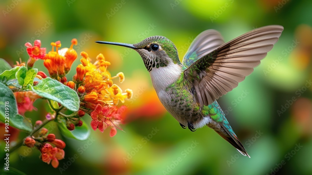 Naklejka premium A vibrant hummingbird hovering near colorful flowers.