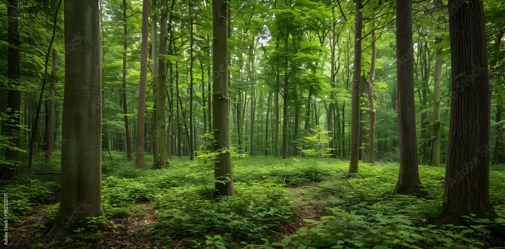 Fototapeta premium Vibrant Restored Old Growth Forest Ecosystem with Diverse Canopy and Understory