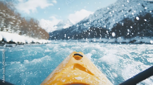  person white water kyaking down an icy river surrounded by a snow covered mountain, Generative AI photo