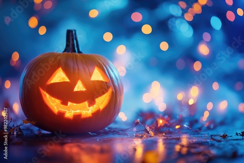 Carved Halloween pumpkin on blurry background with twinkling lights. Funny Halloween party concept.