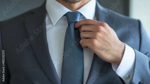 Confident businessman adjusting tie in elegant business attire photo