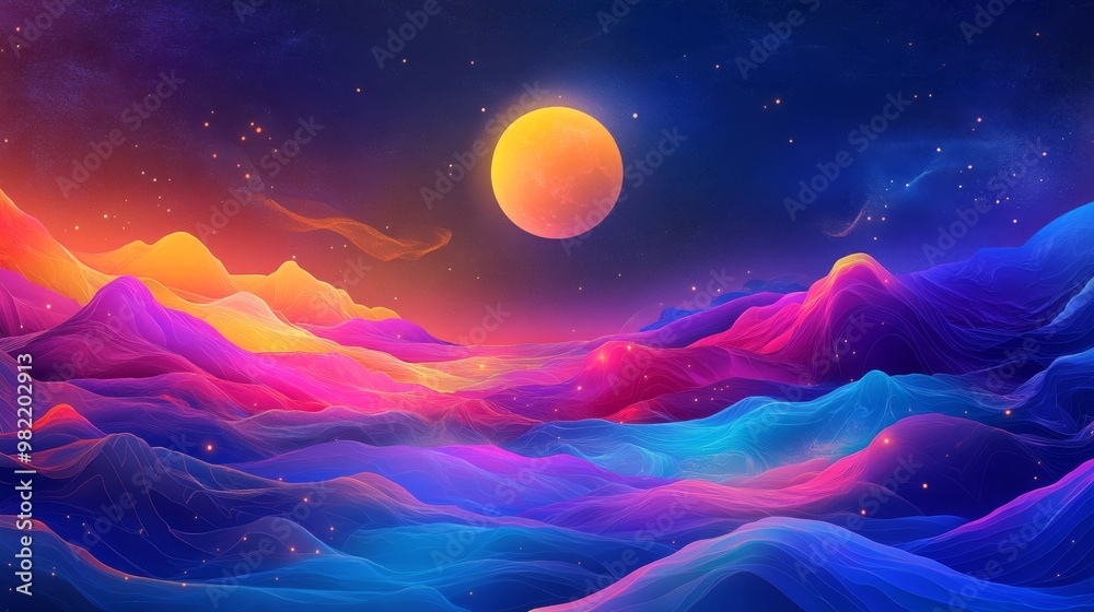 Vibrant Abstract Landscape with Mystic Moonlight Vibrant Abstract Landscape with Mystic Moonlight