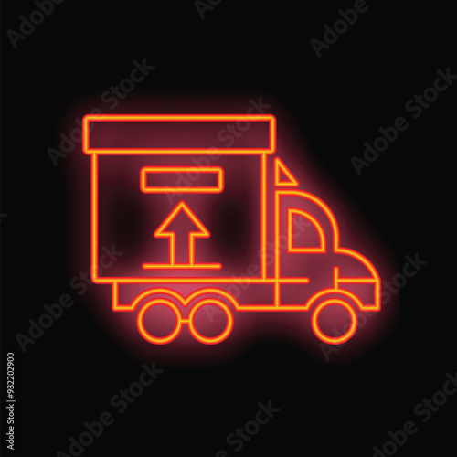 Red glowing neon icon of a delivery truck shipping cargo moving up