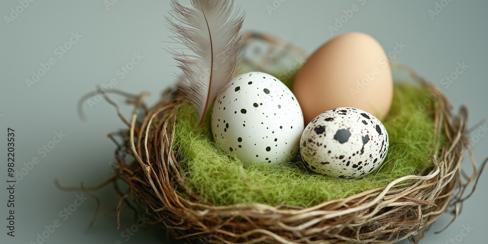 Obraz premium A nest with three eggs and a feather. The nest is on a green mossy surface. The eggs are white and black, and the feather is brown. Concept of warmth and comfort