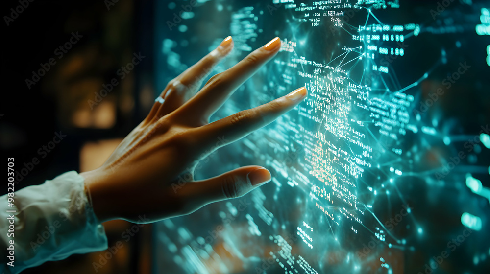 Fototapeta premium A hand reaches out to interact with a glowing digital interface filled with data and codes, showcasing technology and innovation.