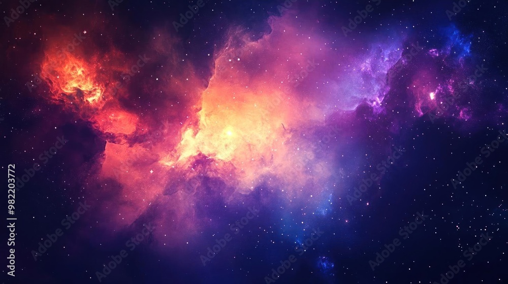 Naklejka premium A vibrant nebula with red, orange, and purple hues against a dark background.