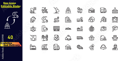 Logistics and delivery icon set, featuring a collection of simple line icons including sea shipping, air transport, delivery dates, couriers, warehouses, return parcels, fast shipping, and more. 
