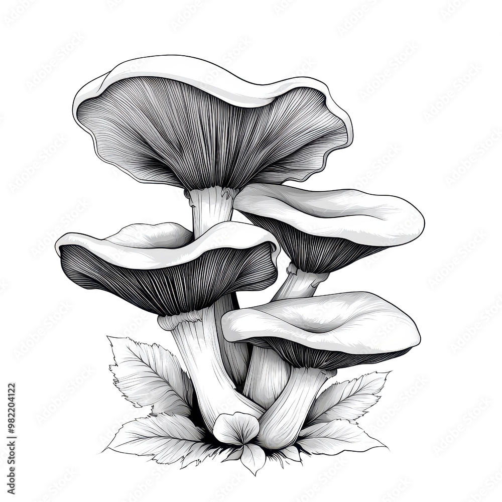 Continuous line art drawing of oyster mushroom, isolated on a white background. PNG