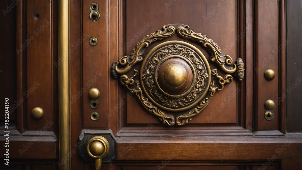 Wooden door with brass handle background Wooden door with brass handle background