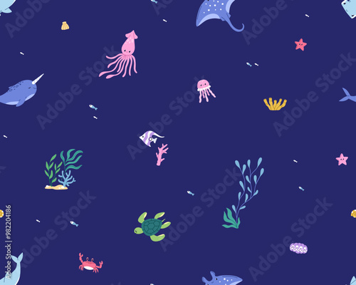 Seamless sea marine pattern with cute underwater animals and plants. Ocean un...