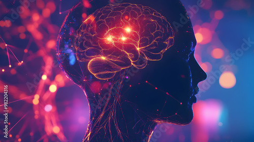 A vivid digital illustration depicting a human silhouette with an illuminated brain, featuring vibrant colors and neural connections.