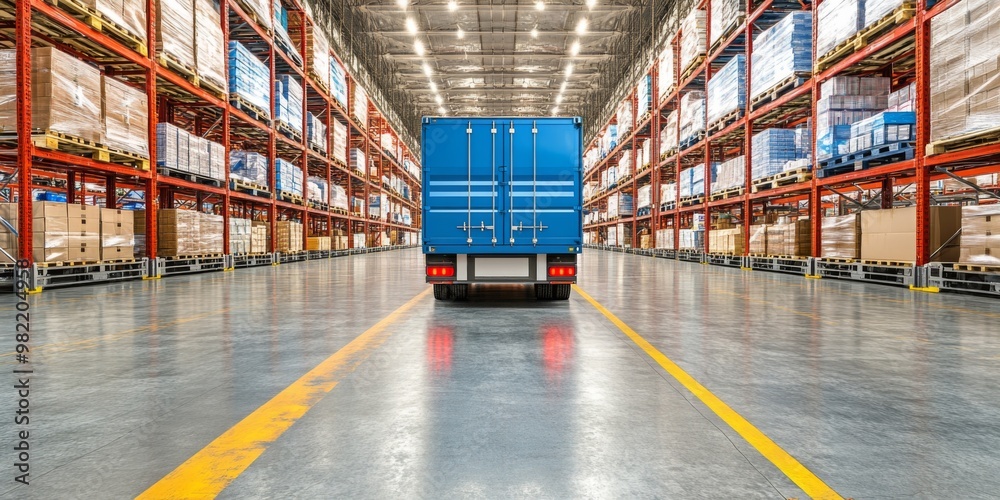 Fototapeta premium Industrial warehouse and logistics firms with stocked boxes on elevated shelves