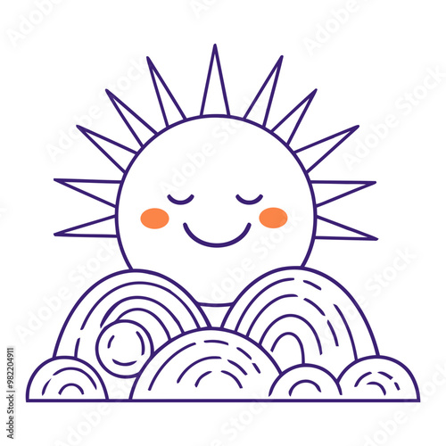 A smiling sun with a happy expression peeking out from behind colorful rainbow-like shapes in the background