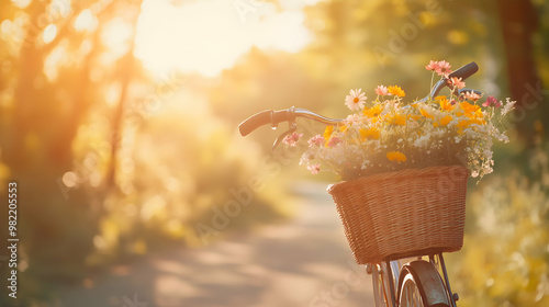 A bicycle adorned with a basket of flowers rides along a sunlit pathway, creating a serene and picturesque outdoor scene.
