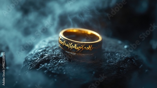 A golden ring with ancient Elvish writing from Lord of the Rings, resting on a dark surface surrounded by soft mist.
