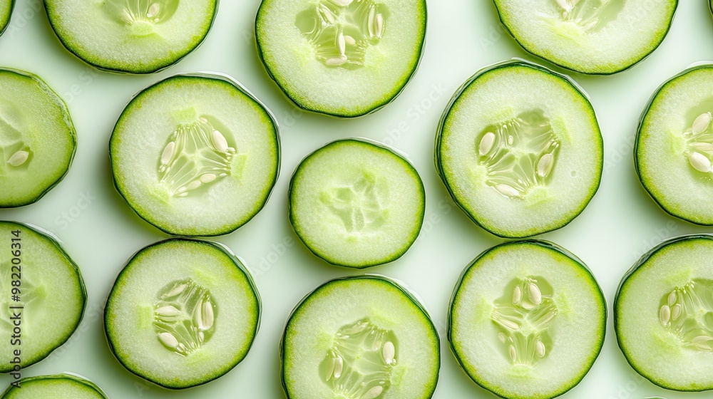 A pattern of fresh cucumber slices, offering a refreshing and healthy visual backdrop. A pattern of fresh cucumber slices, offering a refreshing and healthy visual backdrop.