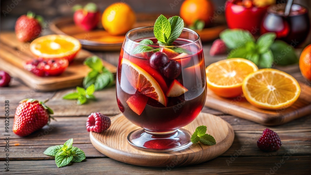 Refreshing Sangria Cocktail with Fresh Fruits and Mint, Summer Party Beverage Concept Refreshing Sangria Cocktail with Fresh Fruits and Mint, Summer Party Beverage Concept