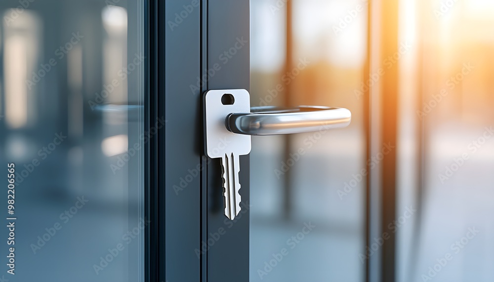 Close-up of a keycard being used to unlock a modern glass door, representing secure entry and high-tech building access, security innovation concept Close-up of a keycard being used to unlock a modern glass door, representing secure entry and high-tech building access, security innovation concept
