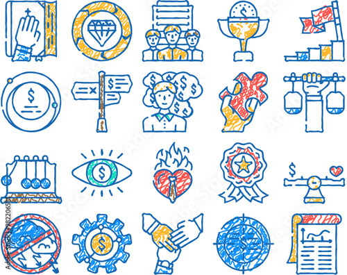 business corporate ethics company doodle icons set vector. sketch line art integrity trust, honesty value, moral ethics, social culture, responsibility core business corporate color illustrations