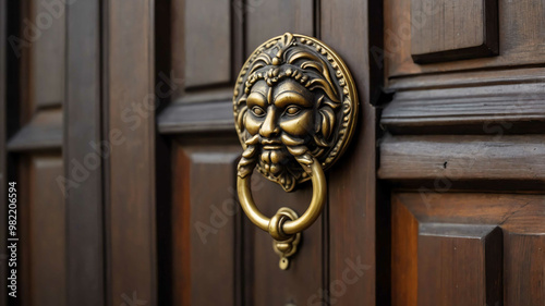 Brass door knocker on wooden door background