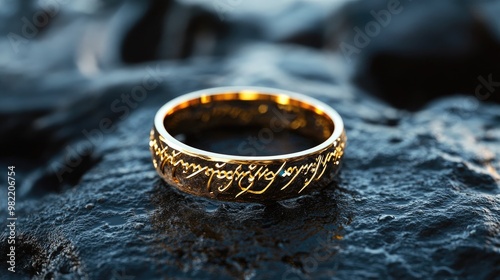 A stunning ring with Elvish writing, resting on a dark, magical surface, reflecting the mysterious power of Lord of the Rings.