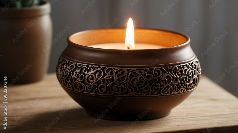 Ceramic candleholder on wooden dresser background Ceramic candleholder on wooden dresser background