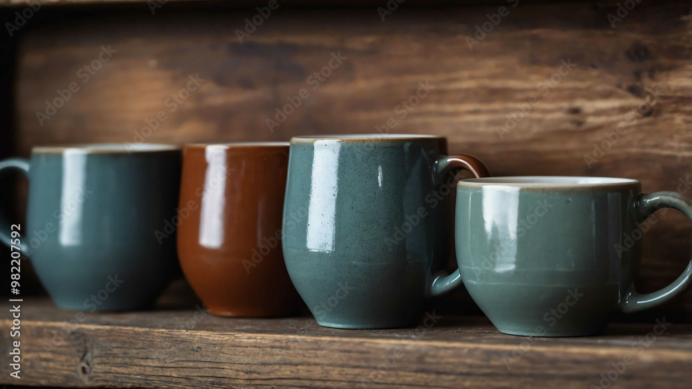 Ceramic cups on rustic kitchen shelf background