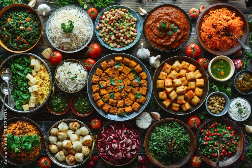 Top view of an assorted traditional Indian feast with vibrant dishes, perfect for food blogs, restaurant menus, or culinary content. Top view of an assorted traditional Indian feast with vibrant dishes, perfect for food blogs, restaurant menus, or culinary content.