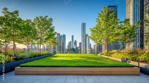 Private rooftop garden with vibrant green trees and grass fields, nestled between high-rise structures and set under a cloudless blue sky.