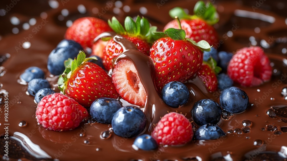 Strawberries, Blueberries, and Raspberries Dipped in Melted Chocolate Strawberries, Blueberries, and Raspberries Dipped in Melted Chocolate