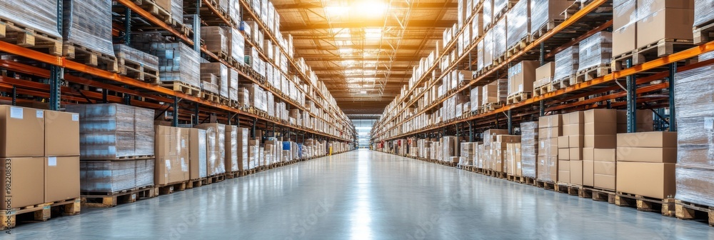 Fototapeta premium Industrial warehouse and logistics firms with stocked boxes on elevated shelves