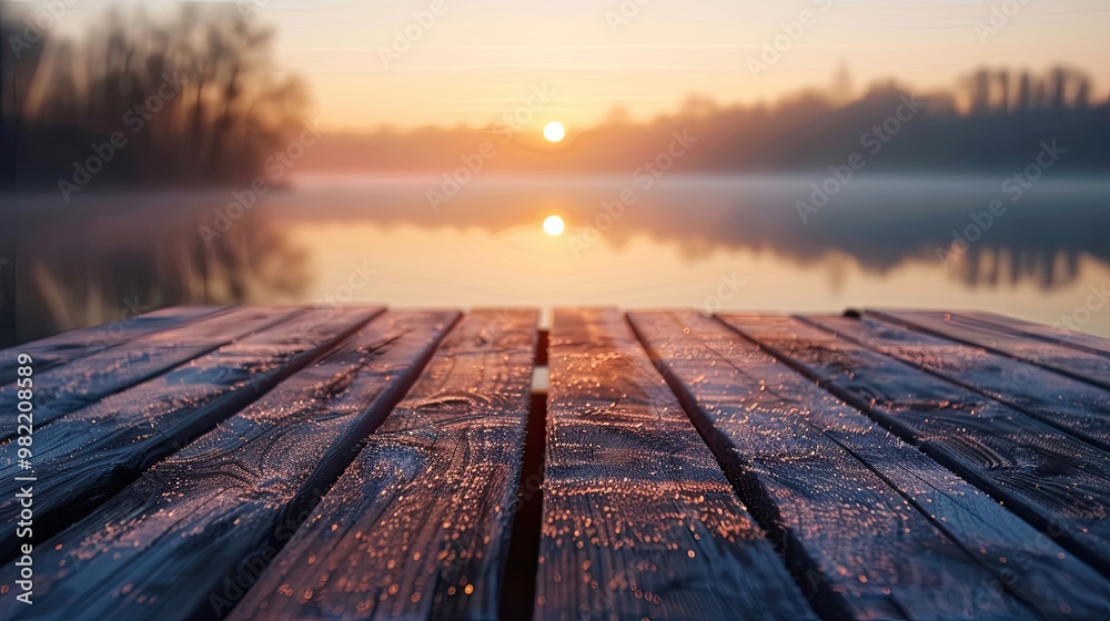 Frosted wood table with a sunrise over a lake soft warm tones and calm reflections Frosted wood table with a sunrise over a lake soft warm tones and calm reflections