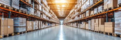 Industrial warehouse and logistics firms with stocked boxes on elevated shelves