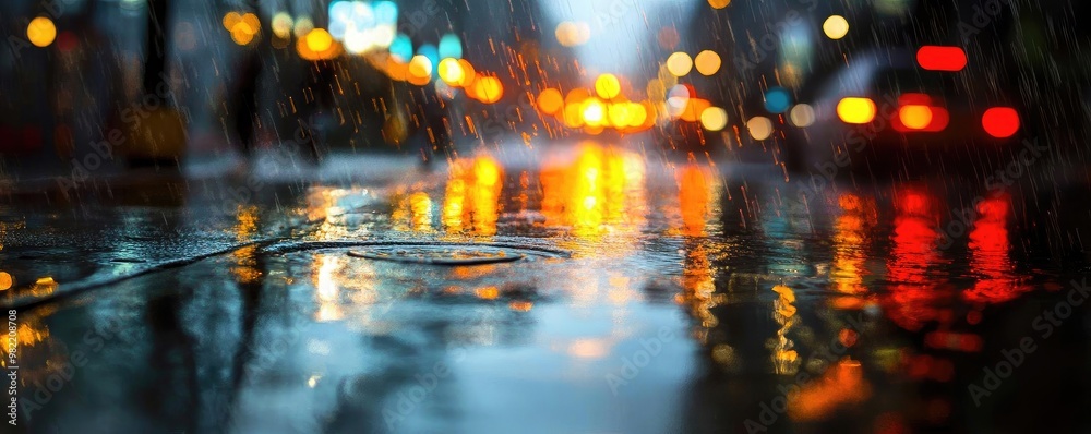 A captivating urban scene featuring a rainy street reflecting colorful lights in a vibrant city at night. A captivating urban scene featuring a rainy street reflecting colorful lights in a vibrant city at night.