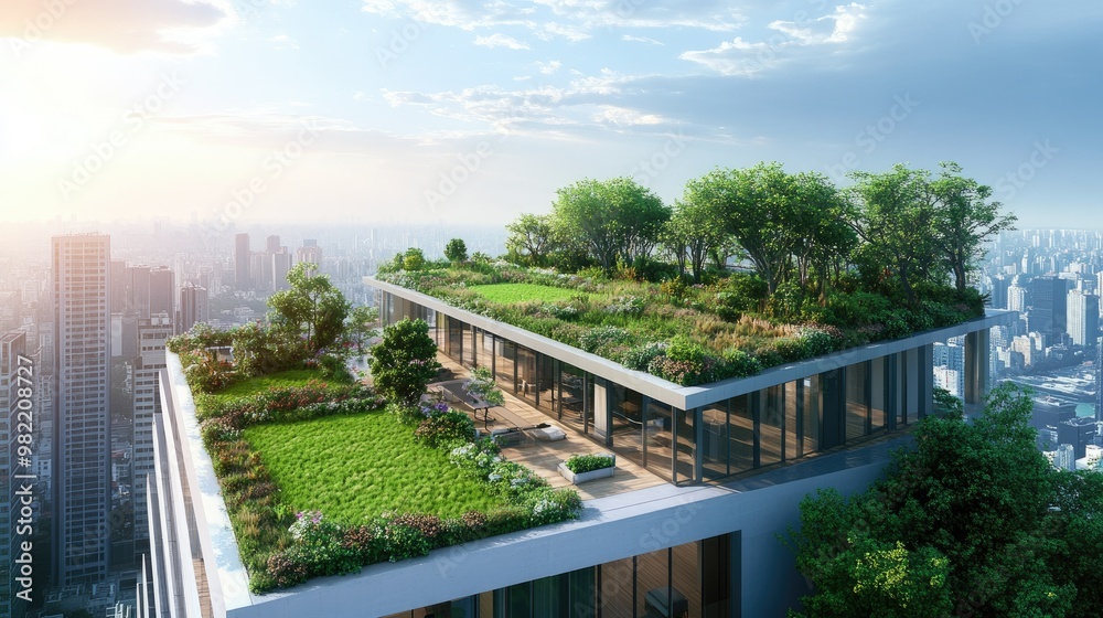 Rooftop garden on a high-rise building, filled with trees and grass fields, providing a green oasis against the backdrop of city architecture and the sky. Rooftop garden on a high-rise building, filled with trees and grass fields, providing a green oasis against the backdrop of city architecture and the sky.