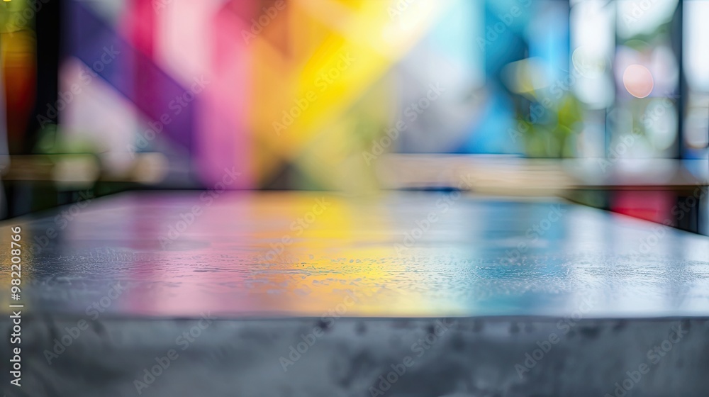 Concrete tabletop with abstract geometric patterns featuring vibrant hues and sharp lines Concrete tabletop with abstract geometric patterns featuring vibrant hues and sharp lines