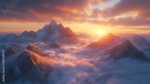 Mountain Peaks Emerging from Clouds at Sunset