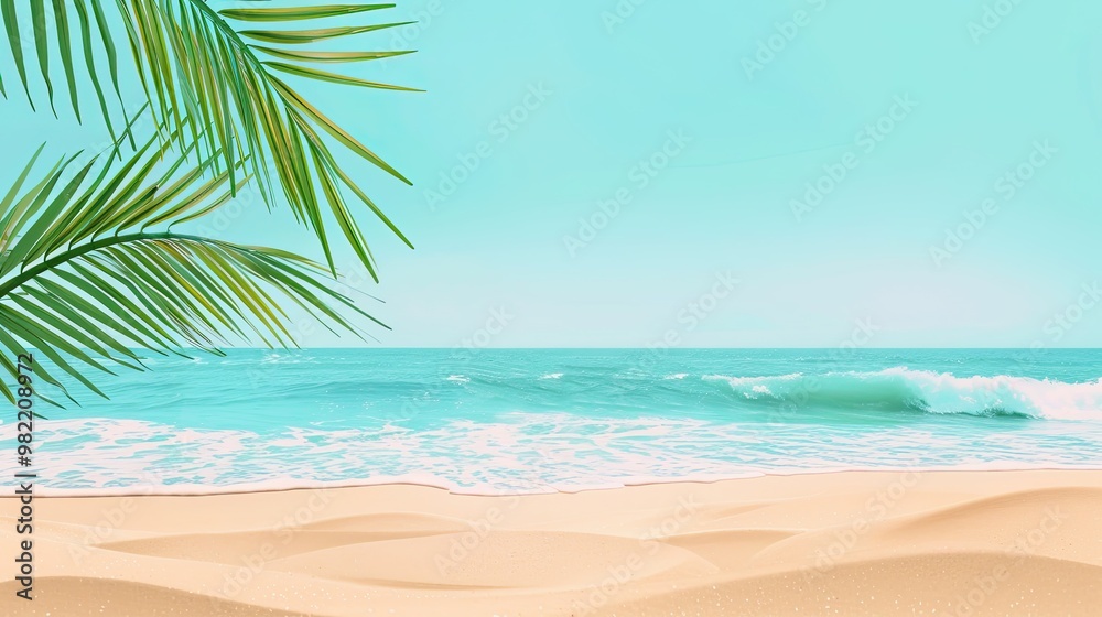 Beach scene with pale yellow sand azure sky gentle waves and a single palm frond Beach scene with pale yellow sand azure sky gentle waves and a single palm frond