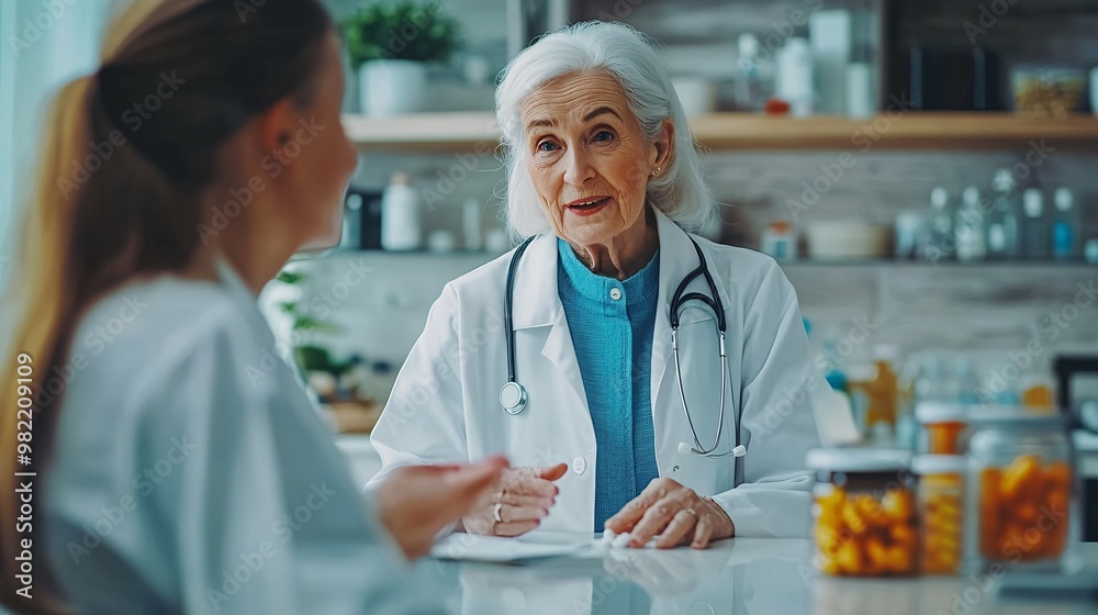 A nurse visiting an elderly womans home, helping her manage medication and perform light daily tasks. The setting is peaceful, with the nurse and patient engaging in a caring conversation. Large A nurse visiting an elderly womans home, helping her manage medication and perform light daily tasks. The setting is peaceful, with the nurse and patient engaging in a caring conversation. Large